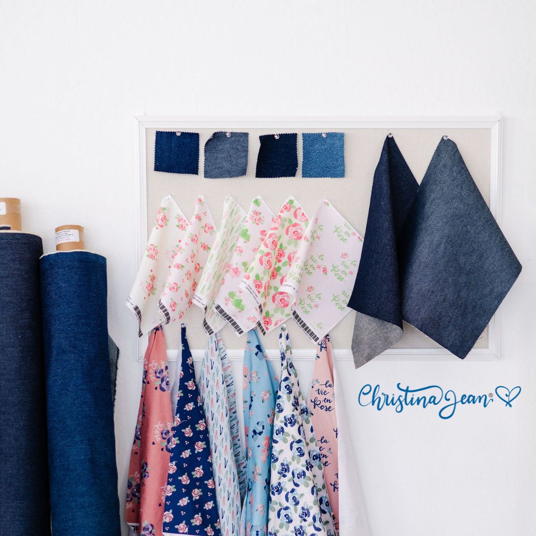 Surface Pattern Designs by Christina Jean Designs Vintage Florals Pink Roses Denim