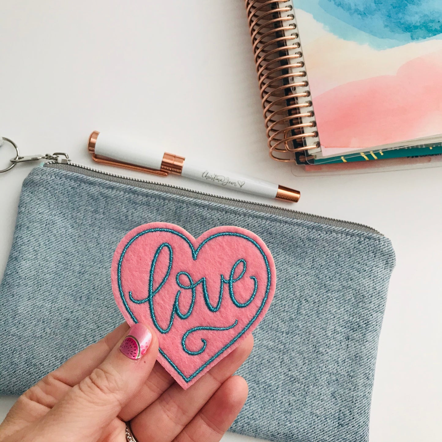 Love Pink Felt Heart Shaped Sticker Patch