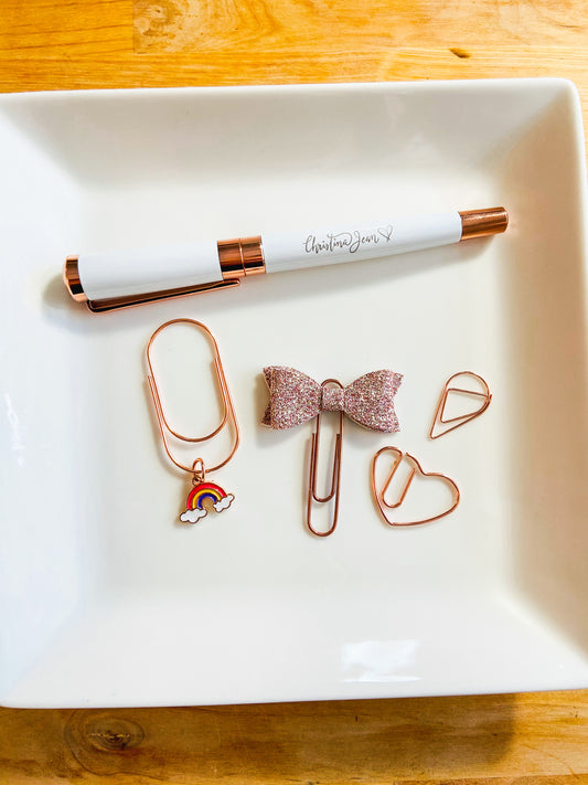 Rose Gold White Pen and Paper Clip Set